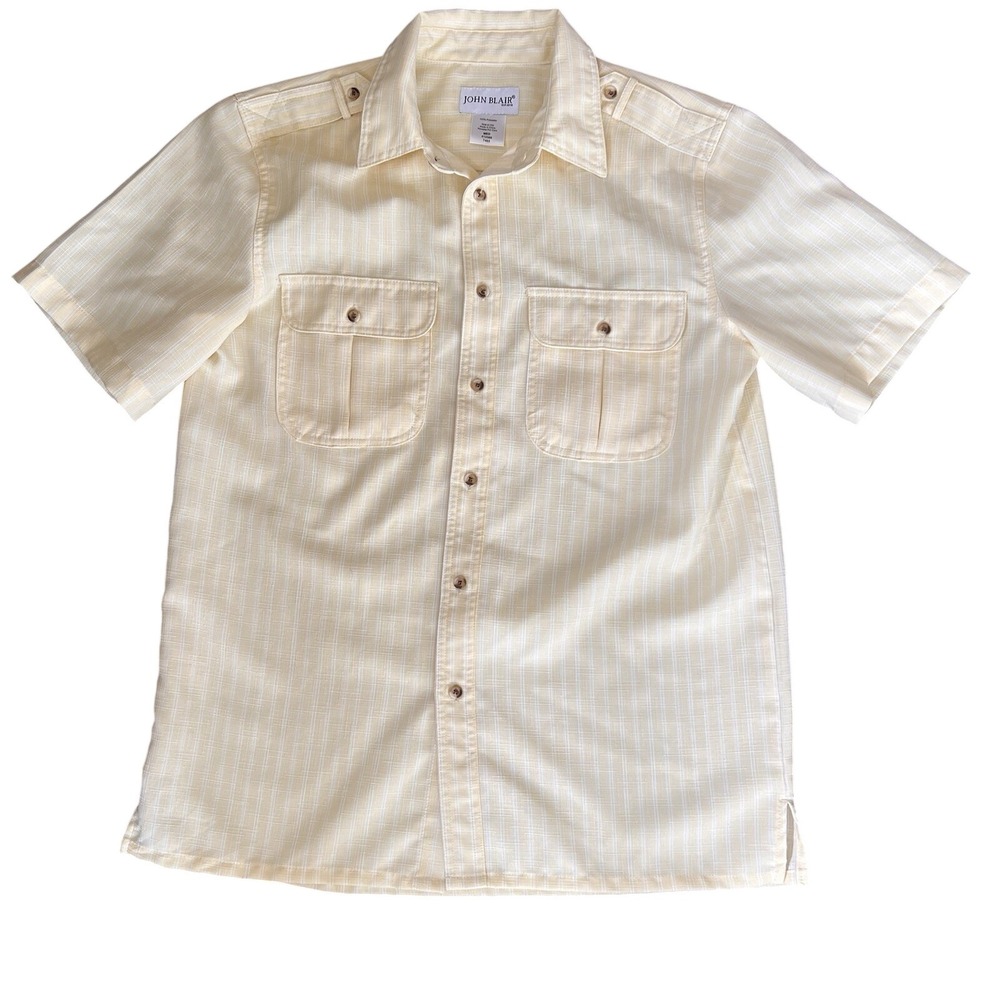 John Blair Leisure Shirt Mens M Yellow Polyester Safari Epaulets Pockets Vintage
